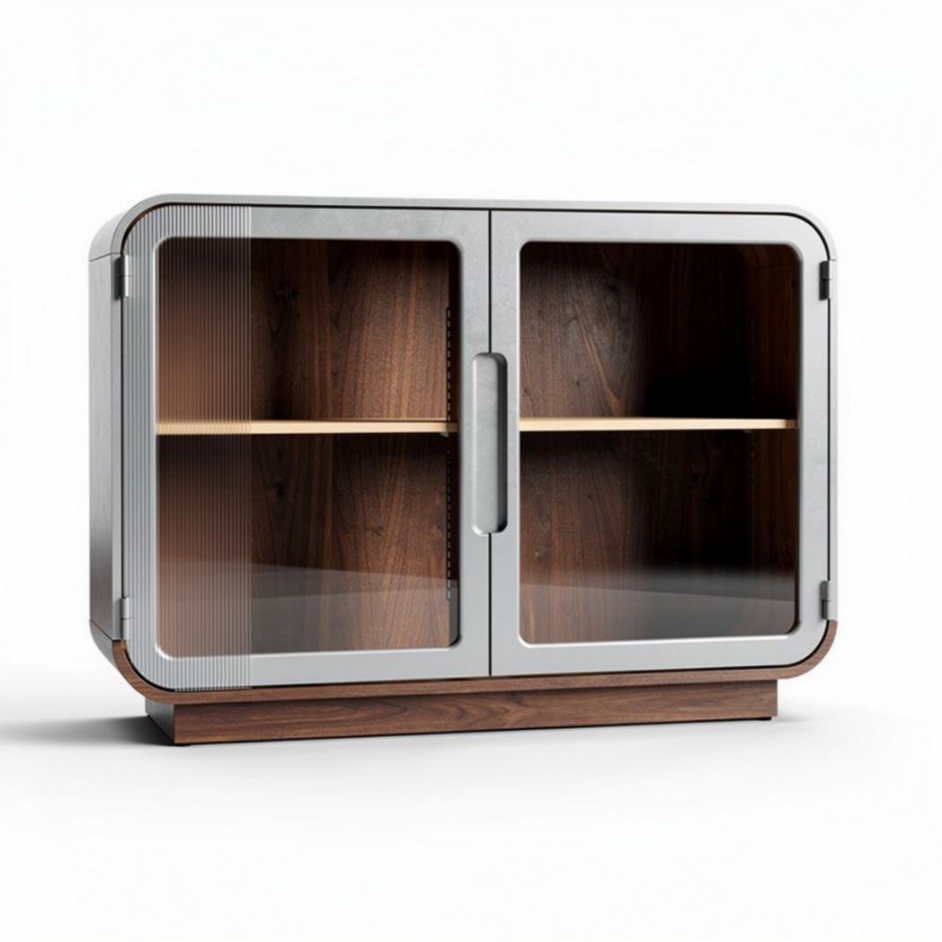 Buffetkast met glazen deuren en houten planken 80 x 40 x 70cm bruin en zilver