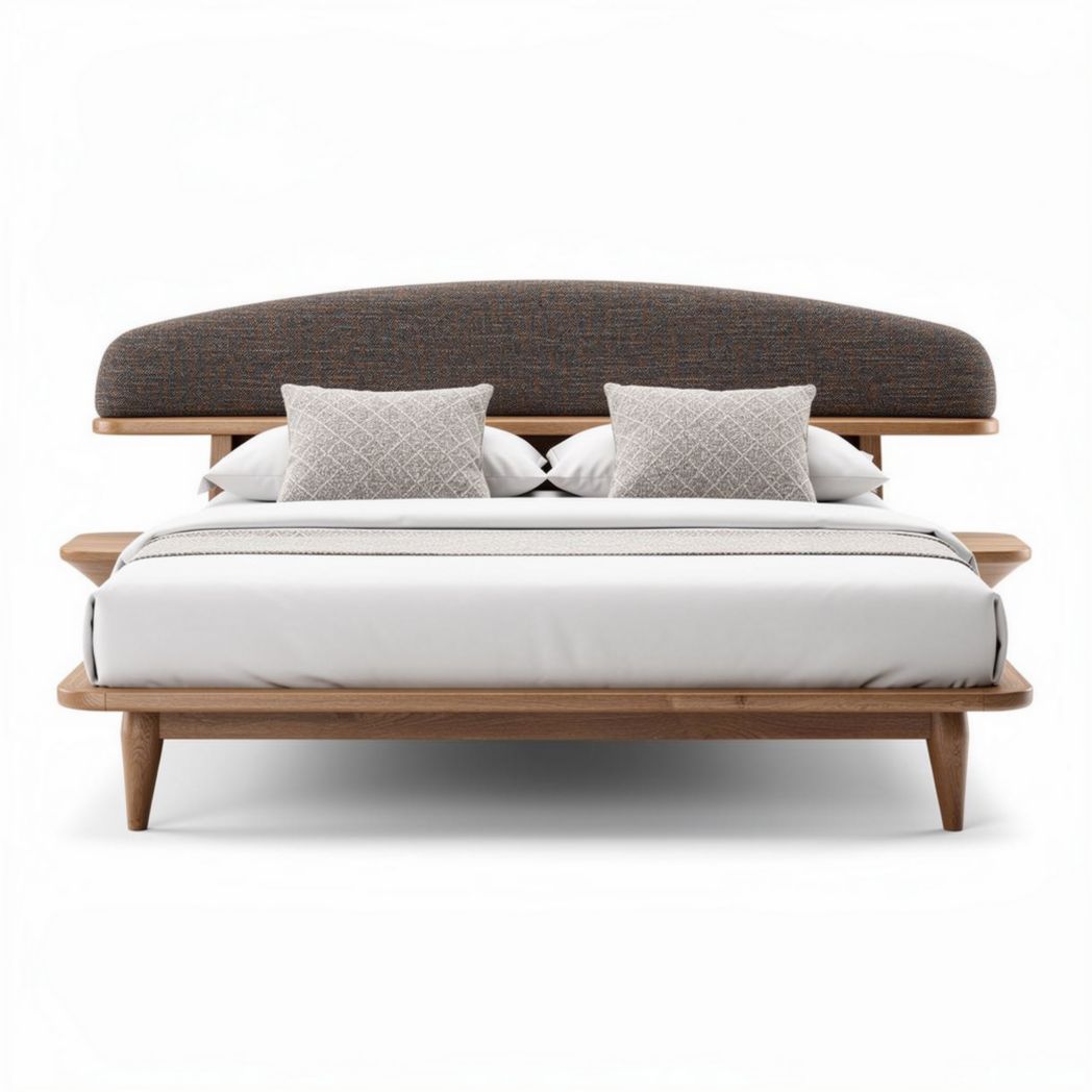Houten bed met stoffen hoofdboard en twee kussens 200 x 160 x 100cm