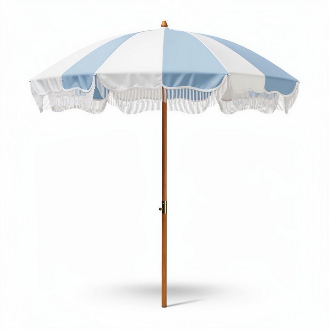 Parasol met houten stok en blauwe en witte strepen 180 x 180 x 250cm