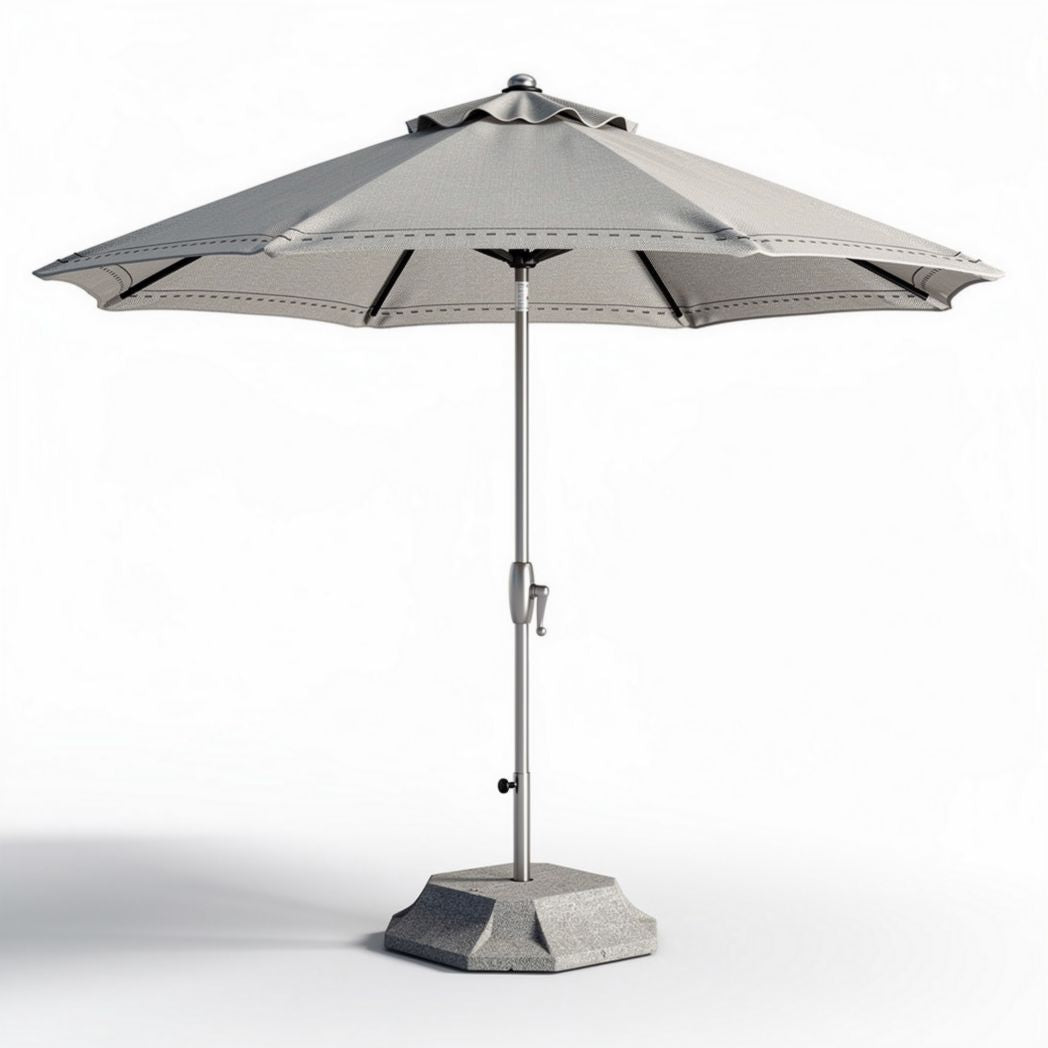 Parasol met een metalen voet en een grijze canvas afwerking 250 x 250 x 250cm