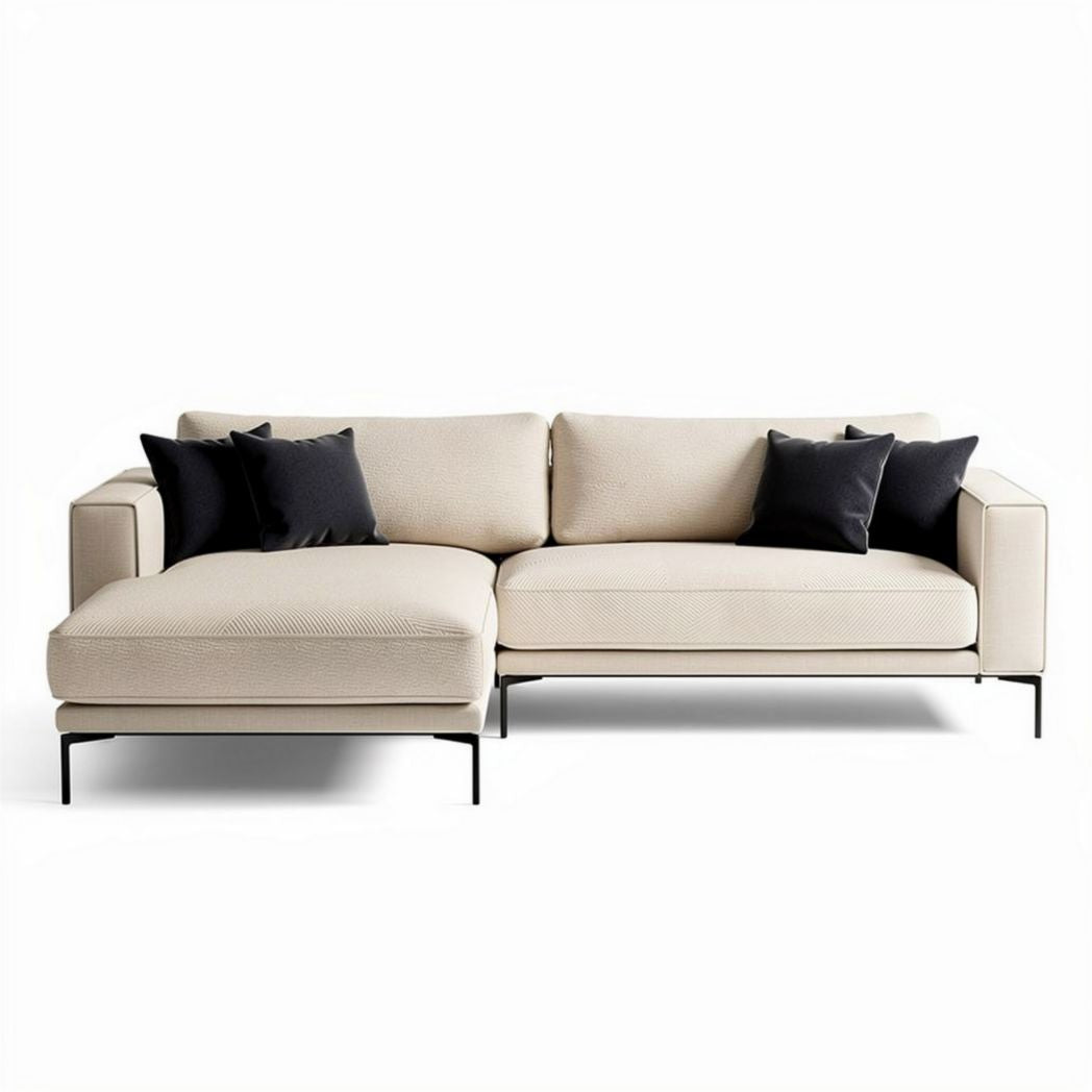Beige l-voorzitbank met zwarte kussens en metalen frame 200 x 90 x 80cm