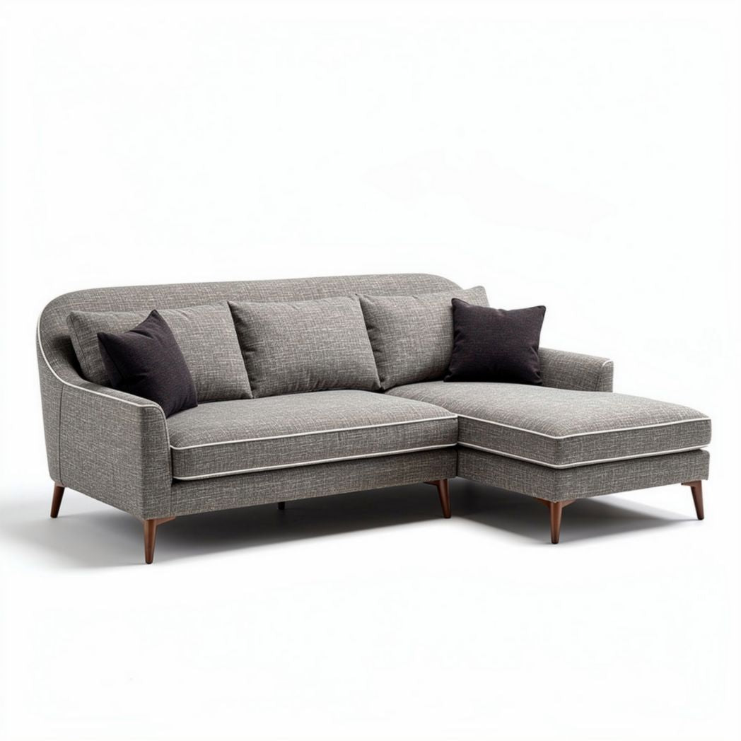 L-vormige grijze fauteuil met zachte stof en houten poten 200 x 90 x 85cm