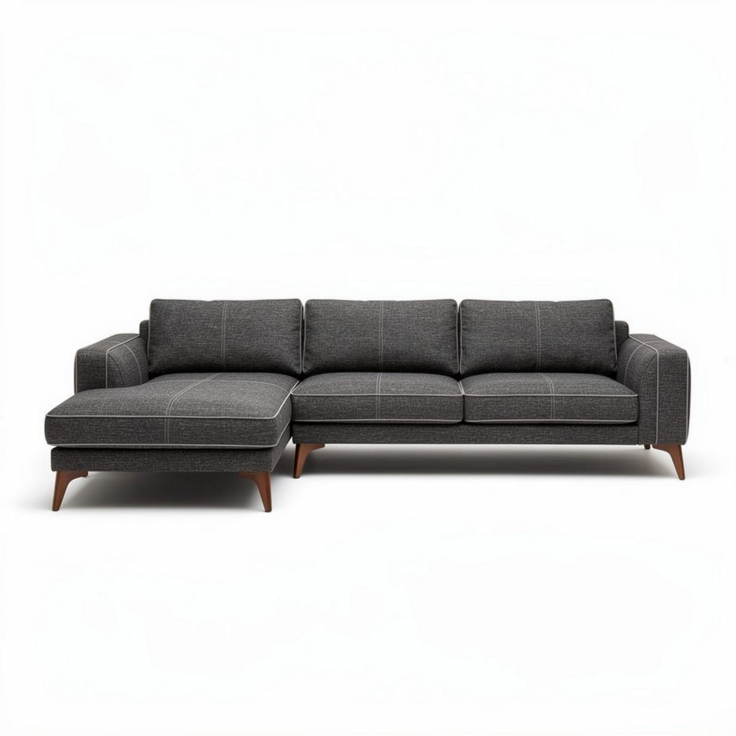 L-vormige stoffen bank met houten poten in antraciet 250 x 160 x 85cm