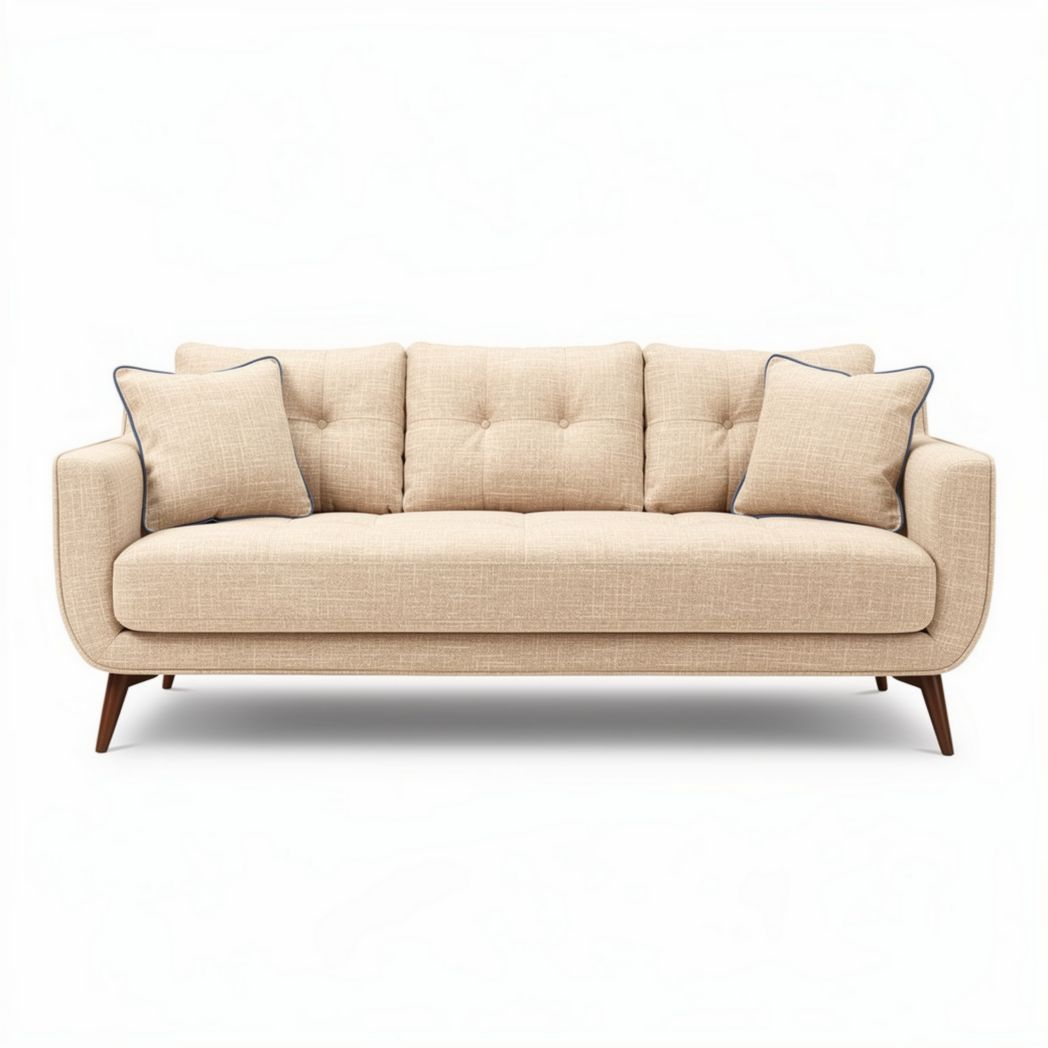 Beige stoffen bank met kussens en houten poten 200 x 90 x 85cm